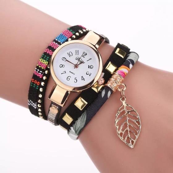 Imagem de Relogio Feminino Dourado Pulseira Preta Bracelete Pingente