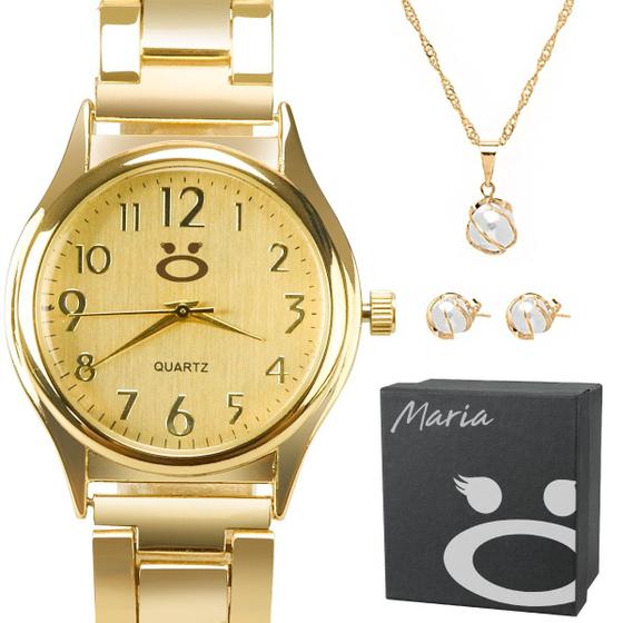Imagem de Relógio Feminino Dourado Quartzo Moda Luxo Pulseira Ajustável + Colar Brincos Top