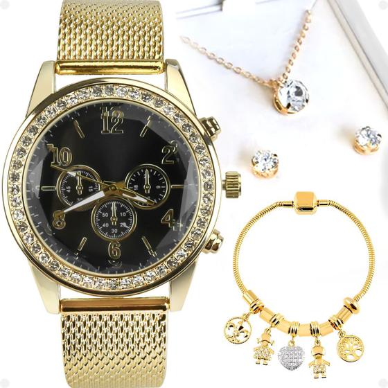 Imagem de relogio feminino dourado strass + pulseira + colar + brincos moda prova dagua redondo delicado