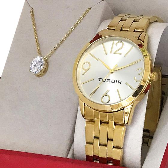Imagem de Relógio Feminino Dourado Tuguir Original com garantia de 1 ano acompanha kit de colar