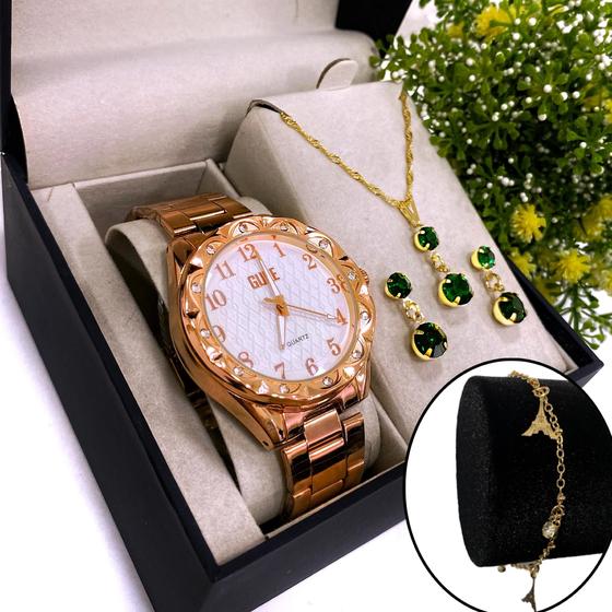 Imagem de Relógio Feminino+ Kit Colar Brincos Pulseira Folheado A Ouro