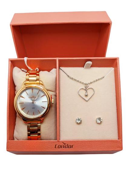 Imagem de Relógio feminino kit colar e brinco analógico rosé condor bronze