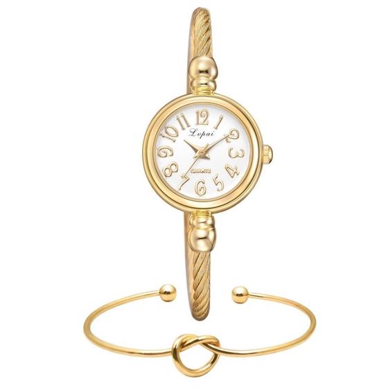 Imagem de Relógio Feminino Mini Dourado Analógico Kit Com Pulseira