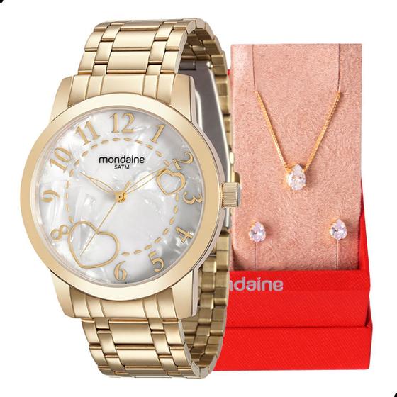 Imagem de Relógio Feminino Mondaine Dourado Corações Madrepérola Casual Analógico 99125LPMVDE1 Mulher Colar e Brincos