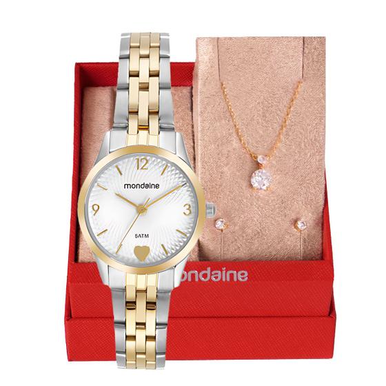 Imagem de Relógio Feminino Mondaine Prata Dourado Bicolor Social  Analógico 32795LPMKBE3K1 Mulher Colar e Brincos