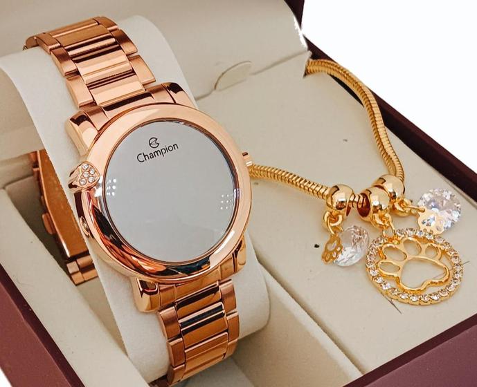Imagem de Relógio Feminino Original Champion Rosé Espelhado Led Branco Coração