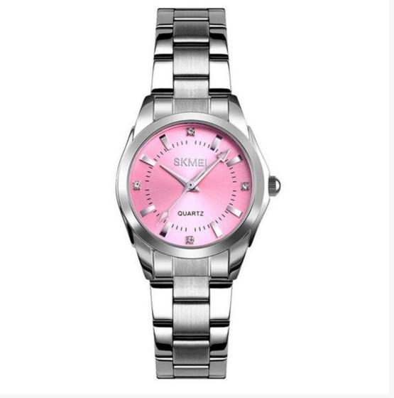 Imagem de Relógio feminino prata e rosa inox analógico social casual pequeno skmei 1620