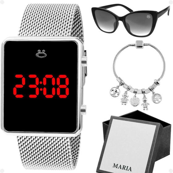 Imagem de Relógio Feminino Prata Led Pulseira Qualidade Oculos Sol