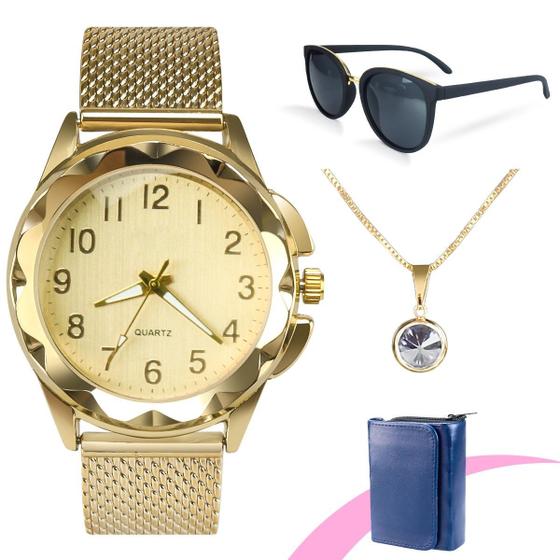 Imagem de Relogio Feminino Prova Agua + Oculos Protecao Uv + Colar Dourado Resistente Casual Social