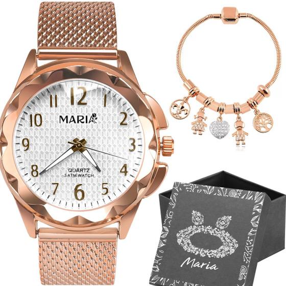 Imagem de relogio feminino prova dagua aço rose + caixa + pulseira original inoxidável casual silicone pandora