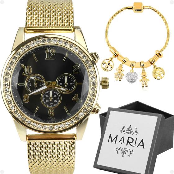 Imagem de relogio feminino prova dagua dourado + pulseira + ouro moda presente mostrador preto redondo social