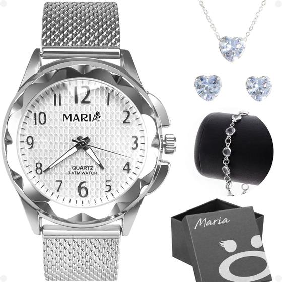 Imagem de relogio feminino prova dagua prata + pulseira + colar brinco moda strass coração casual original zirconia silicone