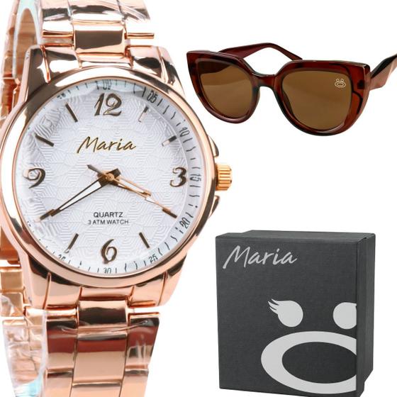 Imagem de Relogio feminino rose aço inox + oculos proteção uv sol + caixa acetato analogico qualidade premium