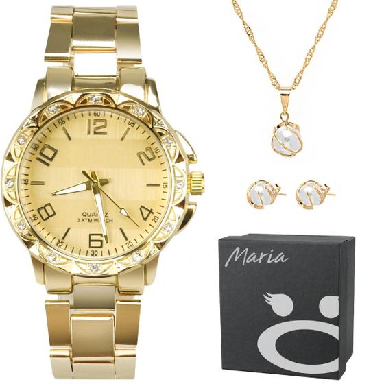 Imagem de Relógio feminino strass banhado aço + colar brincos + caixa qualidade premium casual ouro presente