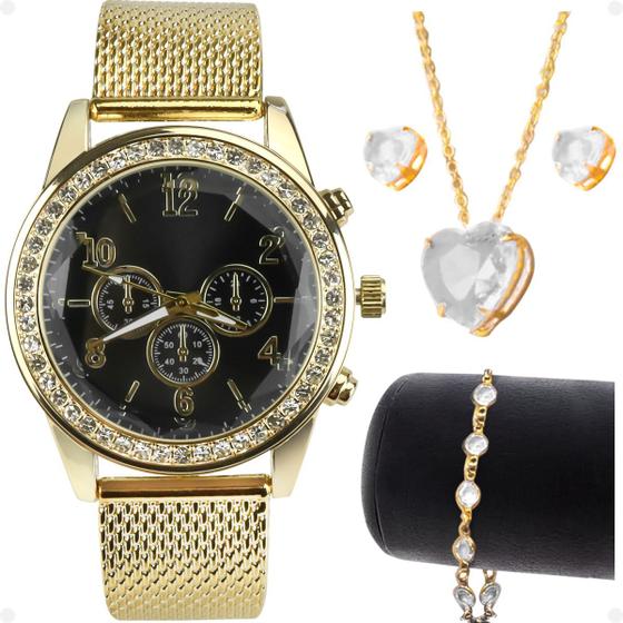 Imagem de relogio feminino strass dourado + colar + brincos + pulseira social moda aço inoxidável presente