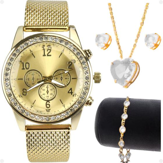 Imagem de Relogio Feminino Strass Dourado + Pulseira + Brincos + Colar qualidade premium presente prova dagua