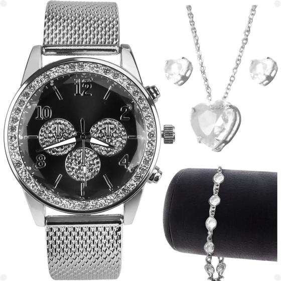 Imagem de Relogio feminino strass prata + colar pulseira brincos moda prova dagua delicado redondo social