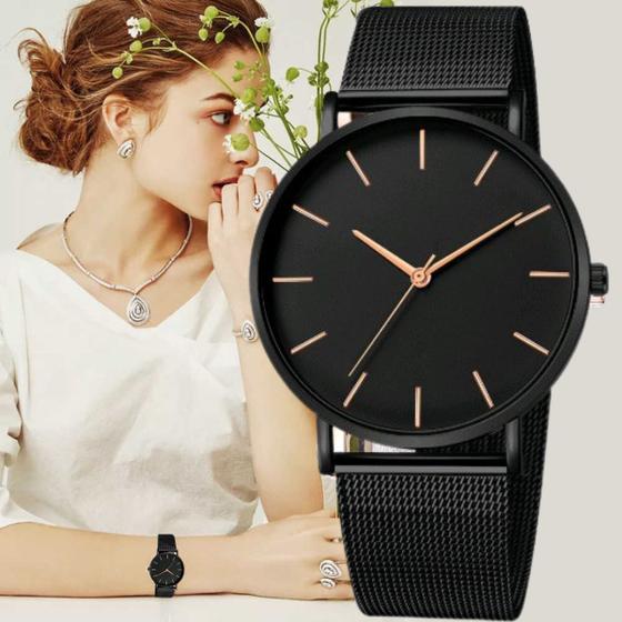 Imagem de Relógio Feminino Ultrafino Black Design Quartz Pulseira Aço