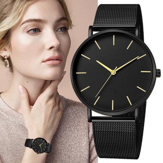 Imagem de Relógio Feminino Ultrafino Preto e Dourado Design Pulseira Aço