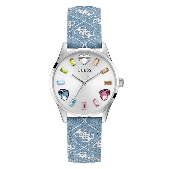 Imagem de Relógio GUESS feminino, 36 mm, pulseira azul, mostrador branco, estojo prateado