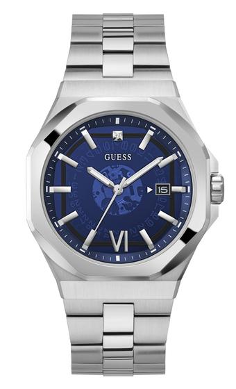 Imagem de Relógio GUESS para homens, estojo de 42 mm, pulseira prateada, mostrador azul