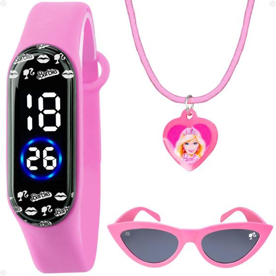 Imagem de relogio infantil barbie digital + oculos proteção uv + colar menina original rosa presente qualidade premium prova dagua