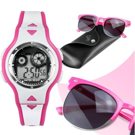 Imagem de Relogio infantil digital led rosa + oculos + case premium esportivo menina adolescente rosa original