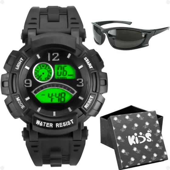 Imagem de relogio infantil digital preto silicone + caixa + oculos sol silicone ajustavel presente menino praia esportivo alarme