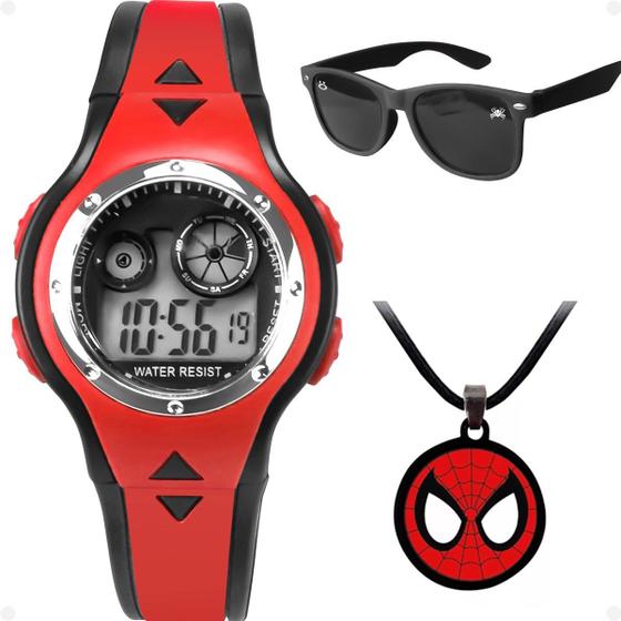 Imagem de Relogio infantil led vermelho + colar + oculos proteção uv social preto casual original silicone homem aranha ajustavel