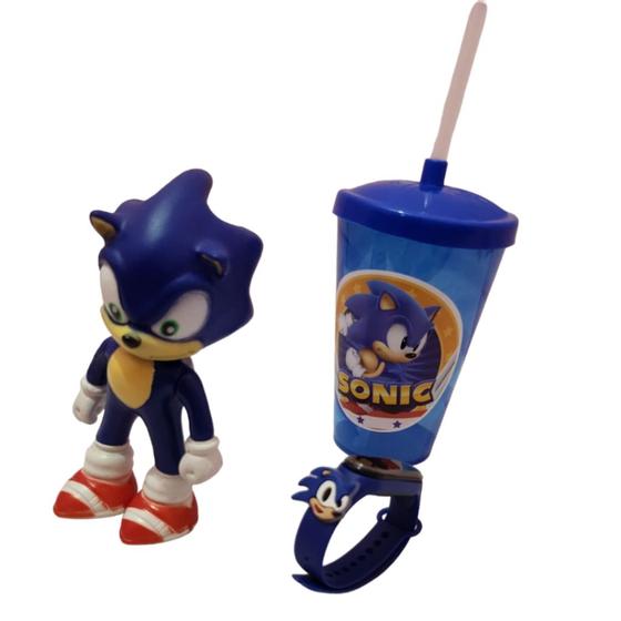 Imagem de Relógio Infantil Sonic Com Copo Infantil Mais Boneco Sonic Menino Para Crianças Novo