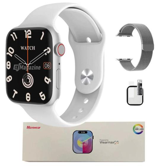 Imagem de Relógio Inteligente Smartwatch Feminino Masculino W99+ Plus Series 9 Prata + 2 Pulseiras Película ChatGPT Tela Amoled Lançamento