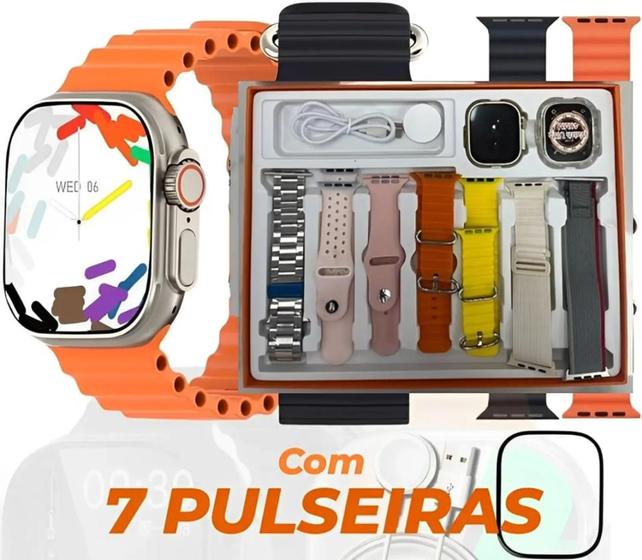 Imagem de Relógio Inteligente Smartwatch S Ultra, 7 Pulseiras, Kit Pink, Carregador indução, GPS, Completo