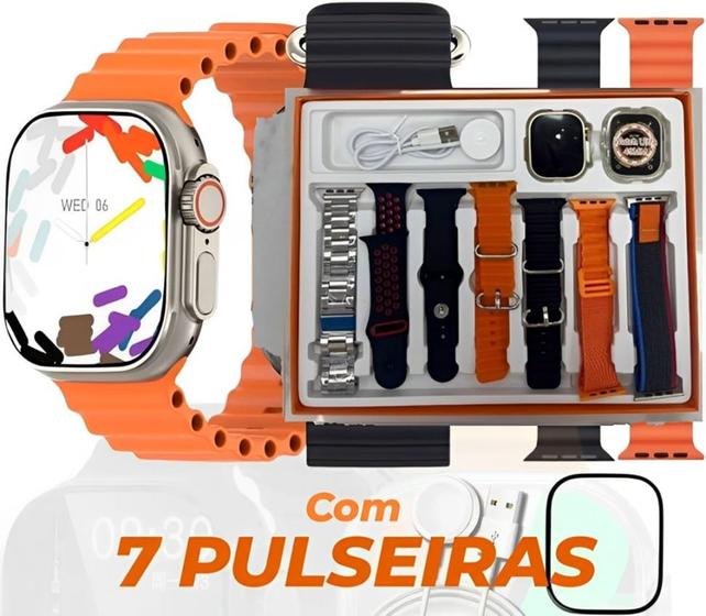 Relógio Inteligente Smartwatch S100 Ultra, 7 Pulseiras, Kit Orang ...