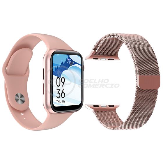 Imagem de Relógio Inteligente SmartWatch S88 Rosa com Jogos Android iOS + 1 Pulseira Extra Aço Milanese Rosa