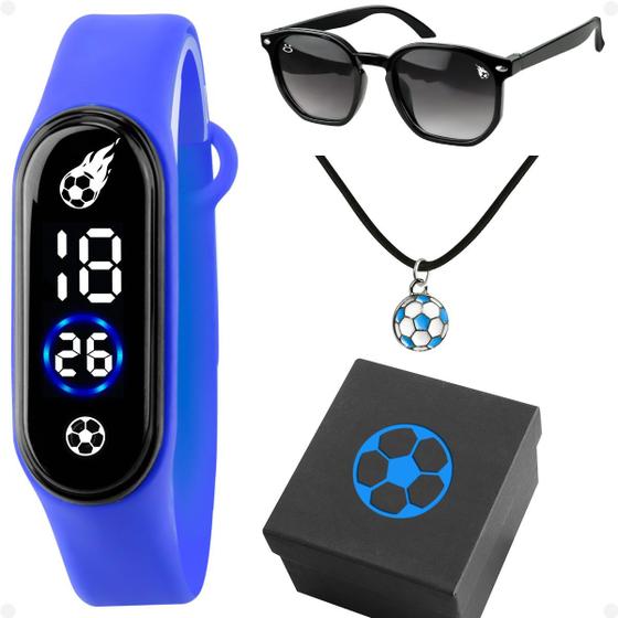 Imagem de Relogio Led Infantil Futebol + Oculos Sol + Caixa + Colar social proteção uv silicone menino prova dagua azul original