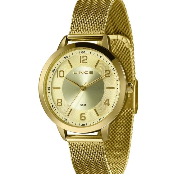 Imagem de Relogio Lince Feminino Dourado grande pulseira esteira malha de aço mesh LRG4747L38 C2KX