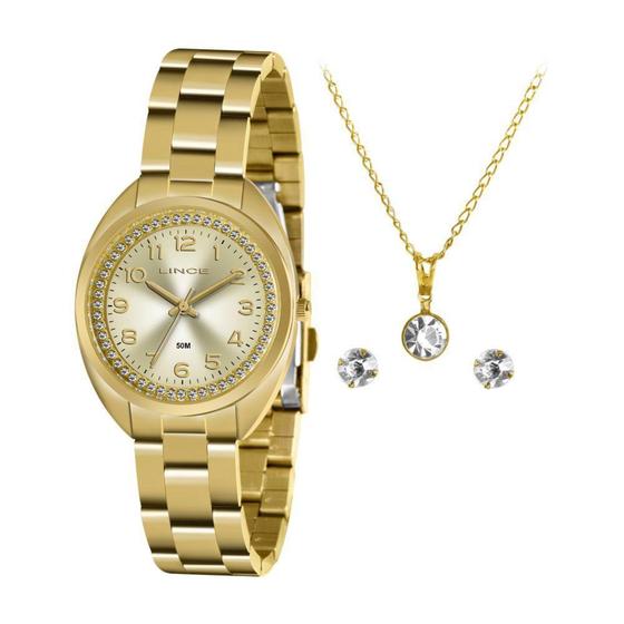 Imagem de Relogio lince feminino dourado kit colar brincos lrg4679l