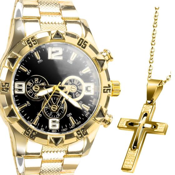 Imagem de Relogio masculino aço banhado prova dagua + crucifixo cordão religioso ouro qualidade premium dourado robusto original pesado presente