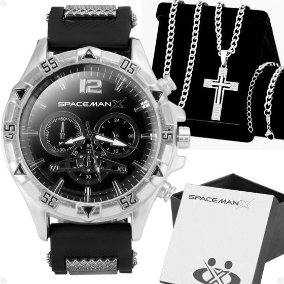 Imagem de Relogio Masculino Aço + Caixa + Pulseira + Cordão Crucifixo pai nosso inoxidável religioso Ajustavel social casual