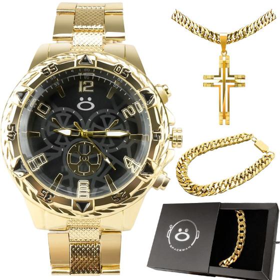 Imagem de Relogio masculino aço dourado + pulseira + caixa analogico casual social presente grande original