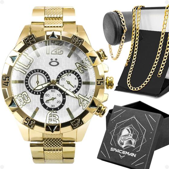 Imagem de relogio masculino aço dourado + pulseira + cordão + caixa grumet casual analogico pesado presente robusto social original qualidade premium