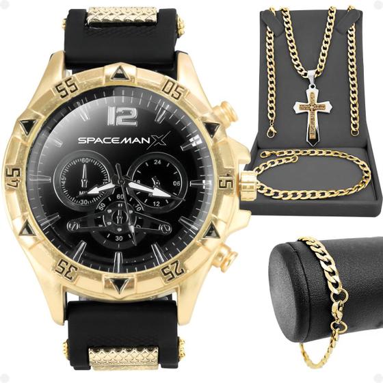 Imagem de Relógio Masculino Aço Inox Banhado Dourado + Cordão + Crucifixo Pai Nosso + Pulseira - Orizom Spaceman X