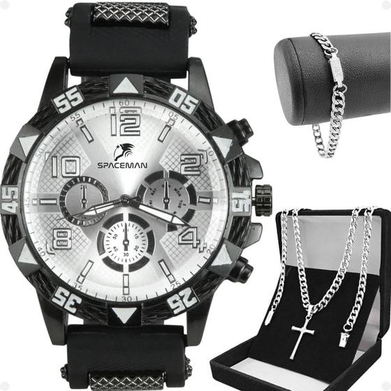 Imagem de Relógio Masculino Aço Inox + Cordão Crucifixo + Pulseira