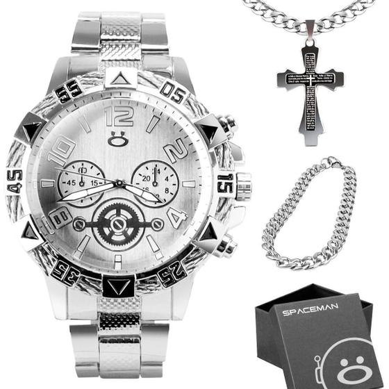 Imagem de Relogio Masculino Aço Inox Prata + Pulseira Grumet + Cordão