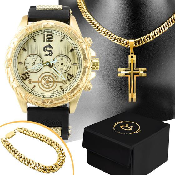 Imagem de relogio masculino aço inox + pulseira + cordão crucifixo original casual dourado analogico presente