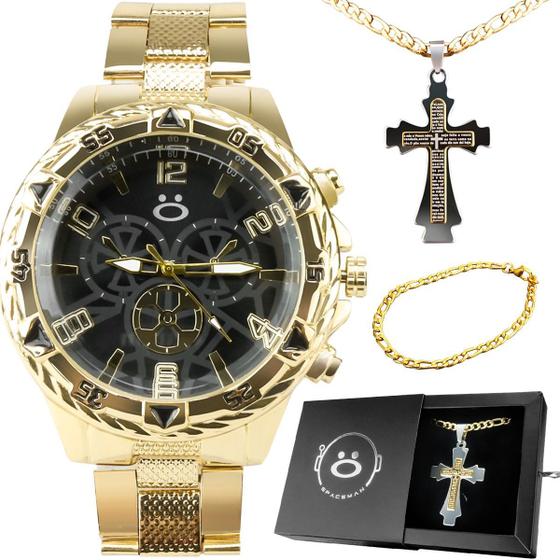 Imagem de relógio masculino aço inox + pulseira + cordão crucifixo qualidade premium social inoxidável dourado