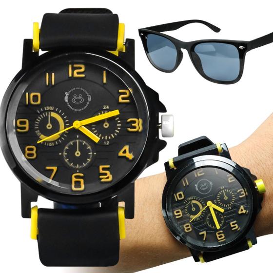 Imagem de relogio masculino aço inoxidavel + oculos sol protecao uv qualidade premium pulseira ajustavel amarelo analogico