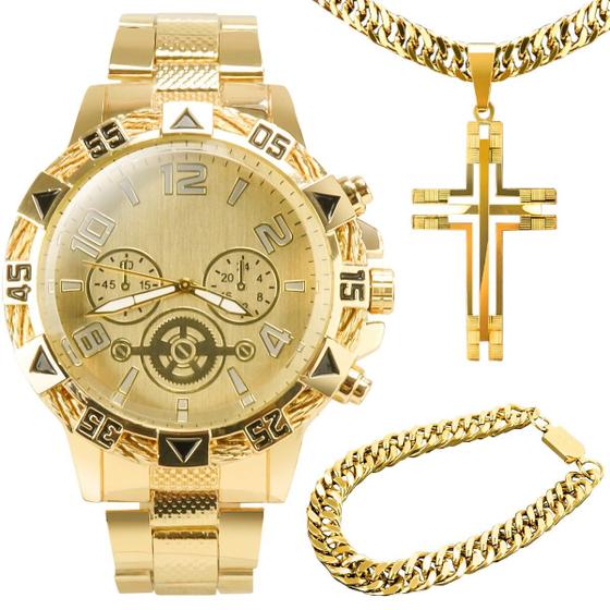 Imagem de Relogio Masculino Banhado Dourado Aço + Pulseira + Crucifixo robusto grande presente social original