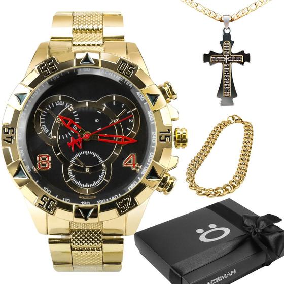 Imagem de Relógio masculino banhado + pulseira + cordão crucifixo qualidade premium ouro preto social presente