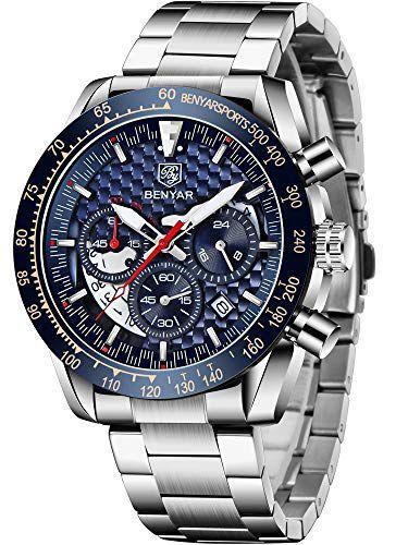 Imagem de Relógio masculino Benyar com cronógrafo, analógico, quartzo, 30 m, à prova d'água, pulseira de malha esportiva, relógio 